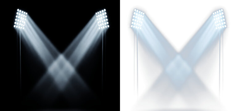 Stadium floodlights with bright light beams isolated on transparent background