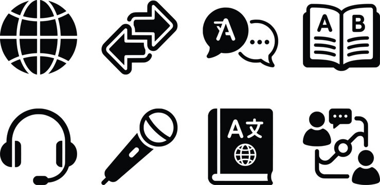 Language translation icons set, black solid vector symbols for linguistics and communication, 8 professional translator and interpreter signs in EPS format