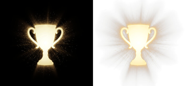 Golden trophy cup with glowing light particles isolated on transparent background