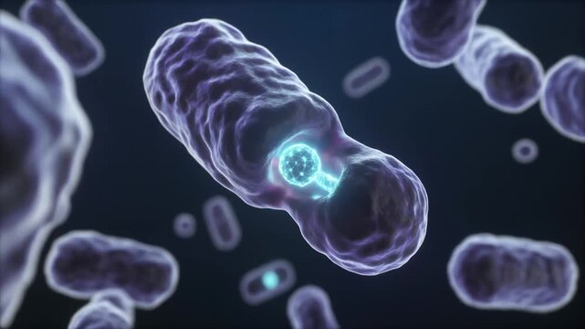 Macro biological visualization of a glowing virus or nano particle infecting a bacterium on a dark background