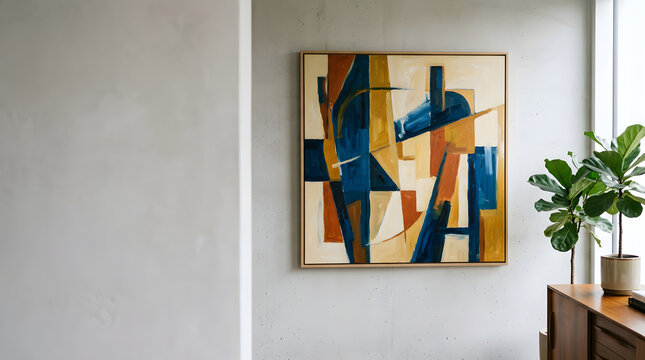 Modern living room interior mockup with framed abstract art painting on concrete wall and green plant