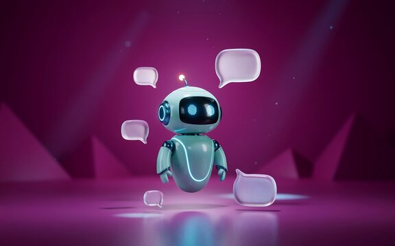 Cute AI chatbot robot assistant with floating message bubbles in futuristic digital communication concept