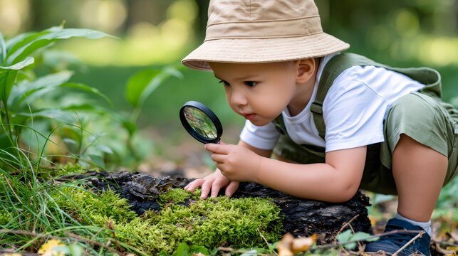 Curious child exploring nature with magnifying glass discovering frog