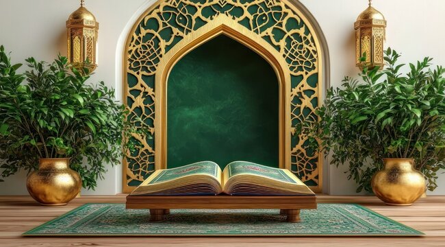 open sacred book on wooden stand on prayer rug before ornate green and gold arched niche with gold lattice, flanked by golden lanterns and potted plants, serene reverent mood