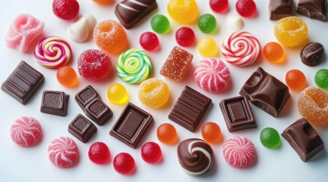 assortment of chocolate squares and colorful gummy, gumdrop, and hard swirl candies scattered on a white background, playful and cheerful