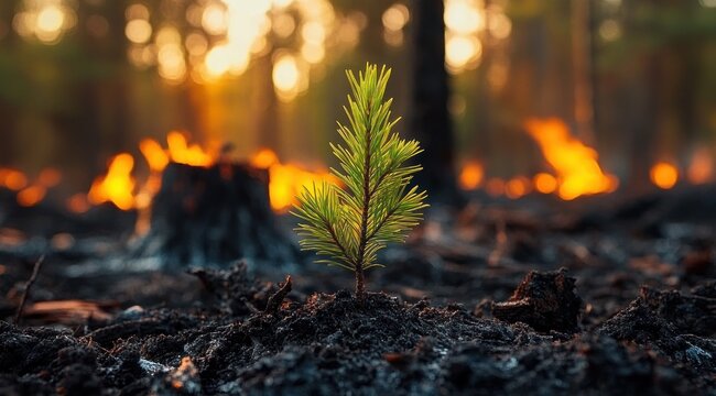 Small green pine sapling emerging from charred soil amid burning forest with glowing flames and a sense of resilient hope