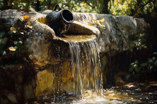 Serene rustic scene of a dark clay jug spilling water over a mossy stone trough into a sunlit pool, surrounded by green foliage and dappled forest light