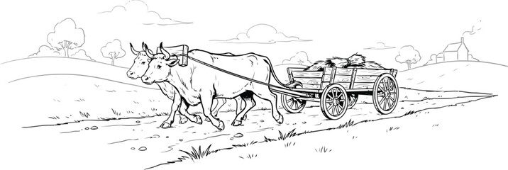 Obraz premium Ox Cart Outline. Sketch of Cattle Team Pulling Wooden Wagon. Rural Countryside Farming Scene Line Art. Old Fashioned Transport Illustration. Vintage Agriculture Concept Drawing