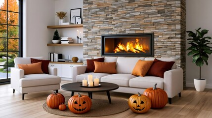 Naklejka premium Cozy autumn living room with fireplace and jack-o'-lanterns