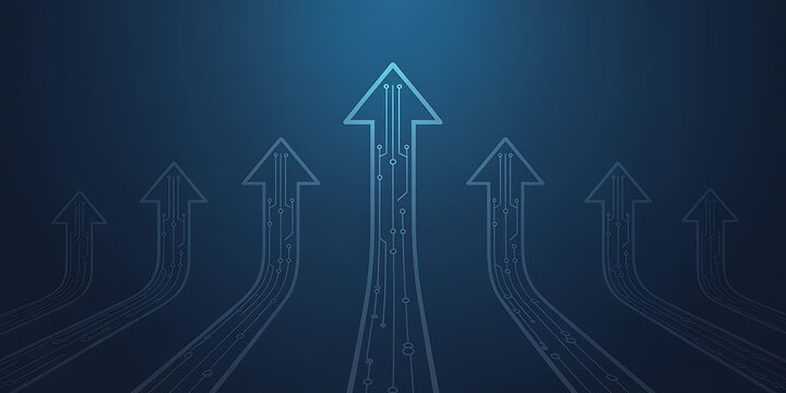 Rising arrows with integrated circuit board patterns on a dark blue gradient tech background.