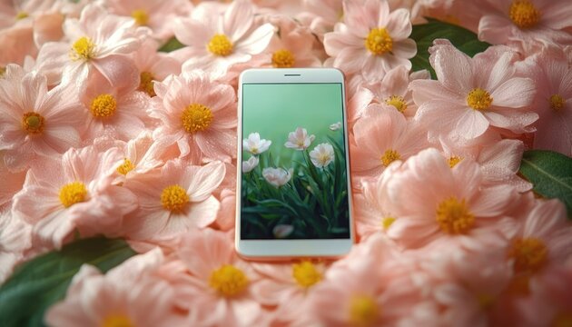 smartphone resting among abundant pale pink camellia blossoms with yellow centers and green leaves, its screen showing soft floral wallpaper, evoking a calm romantic mood