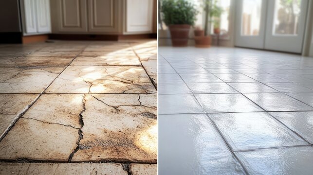 Side-by-side comparison of cracked, dirty beige tiled floor and gleaming restored white tiles by sunlit glass doors with potted plants, a sense of renewal and relief