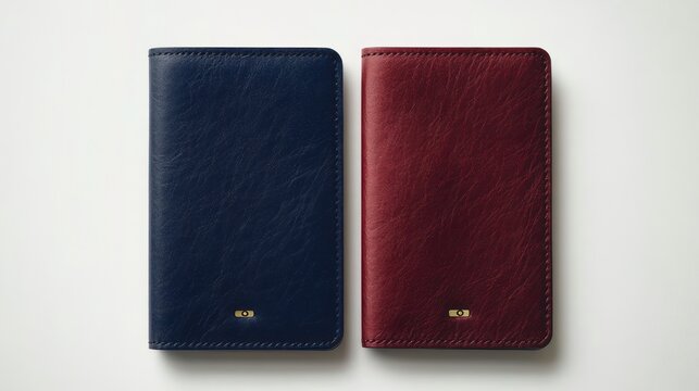 Two leather passport holders in navy blue and burgundy with small gold accents, arranged side by side on a clean white background, minimalist and elegant