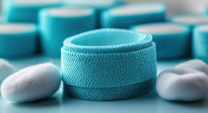 calm clinical close-up of a turquoise elastic cohesive bandage roll surrounded by soft white cotton pads on a clean reflective surface