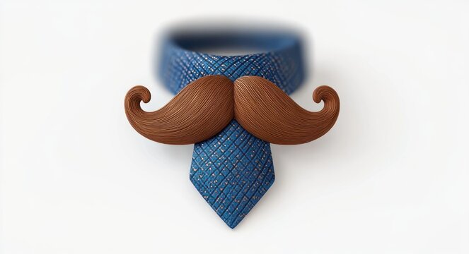 Blue patterned necktie with large curled wooden mustache over knot, playful whimsical studio composition on white background
