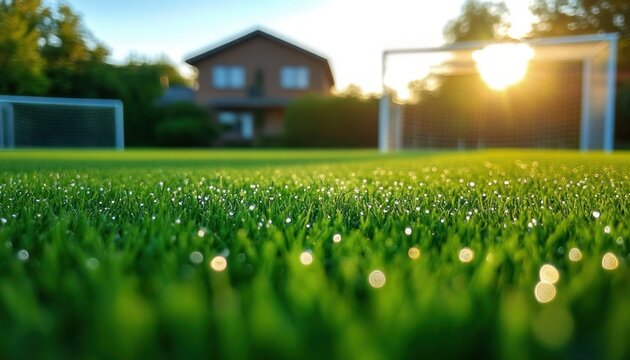Dew-covered green soccer field with two goalposts, suburban house and trees in warm golden light, peaceful serene early morning scene