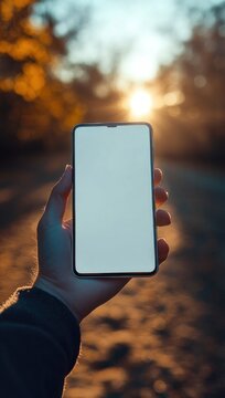 Hand holding smartphone with blank white screen against a warm sunset on a tree-lined path, soft bokeh and golden light evoking a calm, contemplative mood