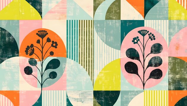 Abstract retro geometric shapes and botanical floral design. Mid century modern art and nature concept. Designer creating vintage layouts with textured organic patterns