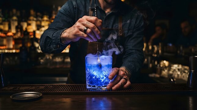 Bartender preparing a vibrant blue cocktail in a dimly lit upscale bar setting