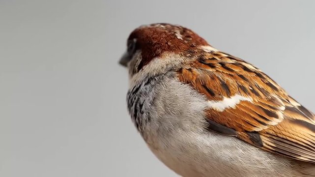 Profile of a house sparrow on neutral grey background.