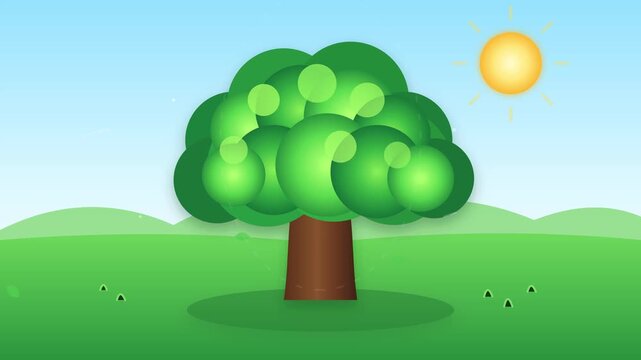 Stylized green tree swaying in meadow motion animation video footage