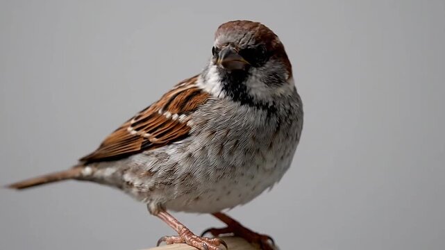 House sparrow sitting on a simple wooden branch.