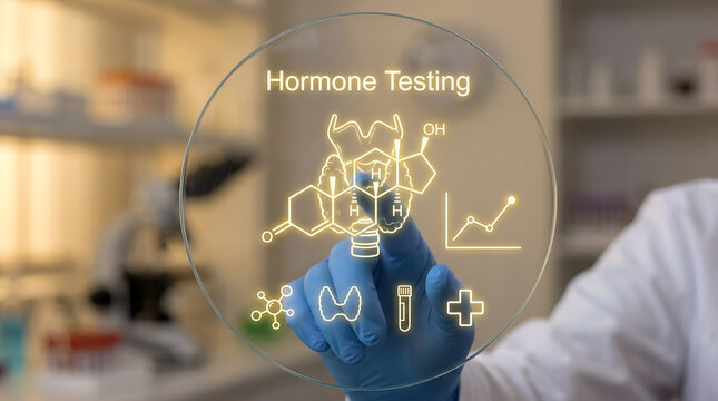 Hormone testing medical concept with scientist hand touching digital interface, endocrine system analysis in laboratory, thyroid health diagnostic screen for clinical research