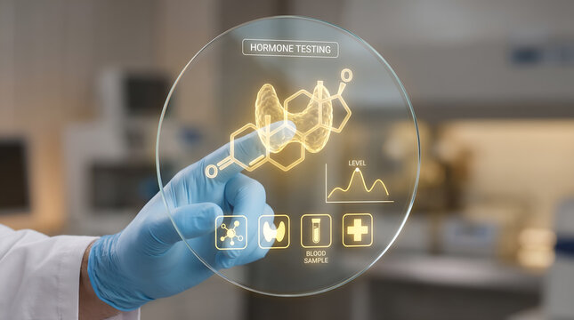 Hormone testing interface with thyroid gland hologram, scientist hand in blue glove touching futuristic medical screen, endocrine system analysis in modern clinical laboratory