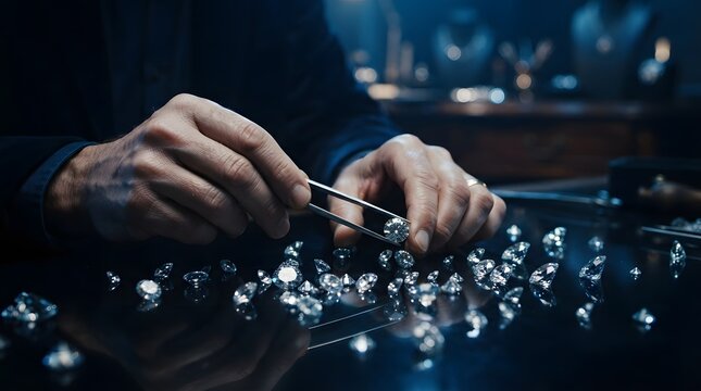 Close up of a jeweler meticulously working with loose diamonds in a workshop setting