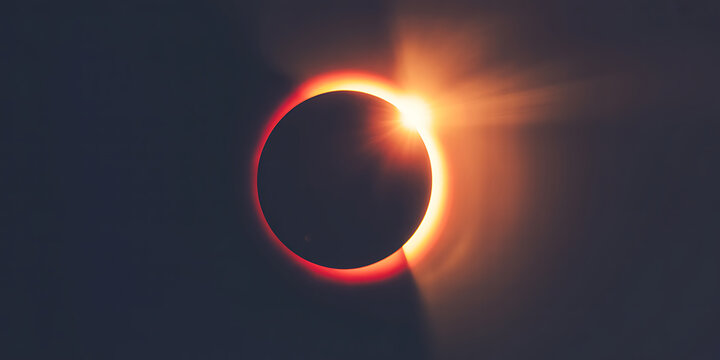 Total solar eclipse with glowing sun corona and dark moon silhouette against deep black sky space.