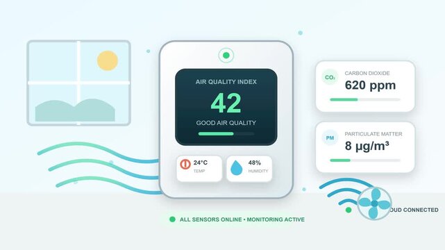 Digital air quality monitor dashboard animation showing real time data
