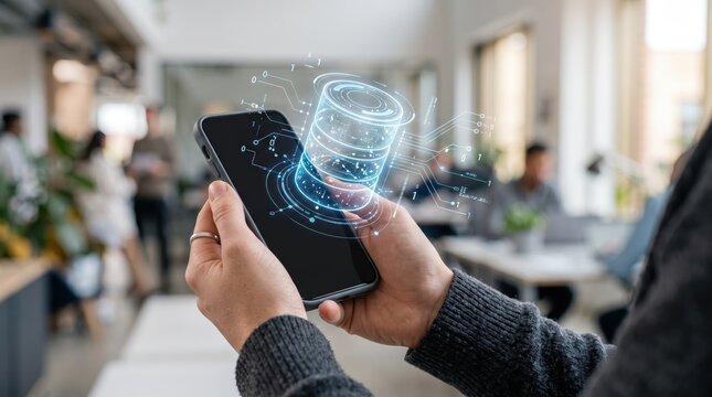 Futuristic technology showing hands holding a smartphone projecting a holographic database cylinder icon representing cloud computing big data storage cybersecurity information