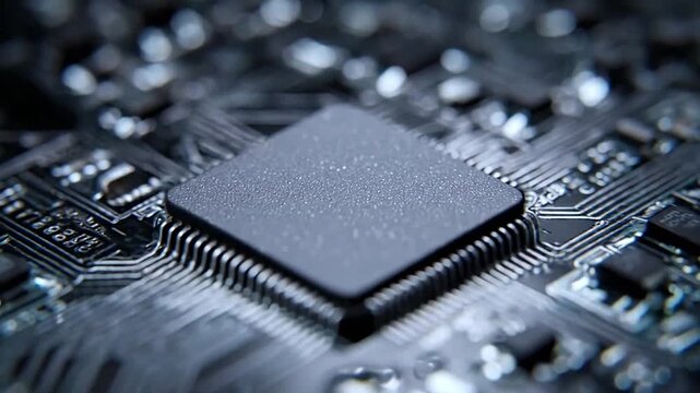 Macro view of microchip on computer circuit board.