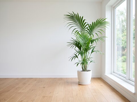 白い壁とフローリングのシンプルで明るい室内空間に観葉植物