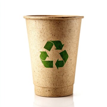 Recycled paper coffee cup with a green recycle symbol