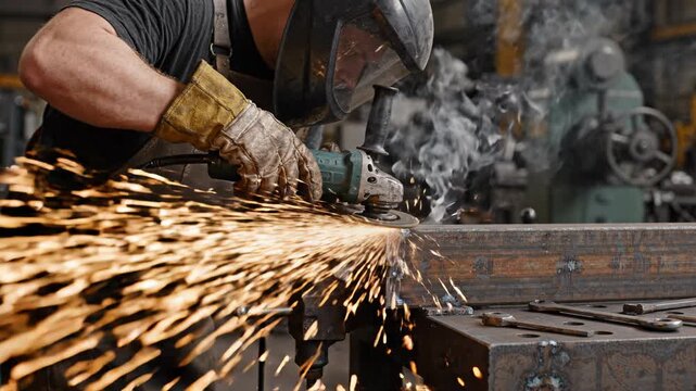 Industrial welders metalworker craft grinder sparks fly, showcasing skill and labor in busy factory workshop focused industrial artisans dedication and precision in action