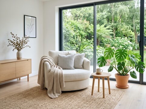 自然光が差し込む心地よいリビングの白いソファと観葉植物