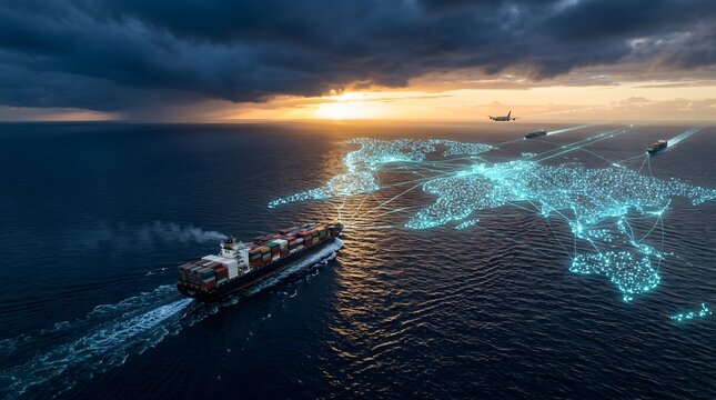 Large industrial cargo ship sailing on the ocean charmingly showcased