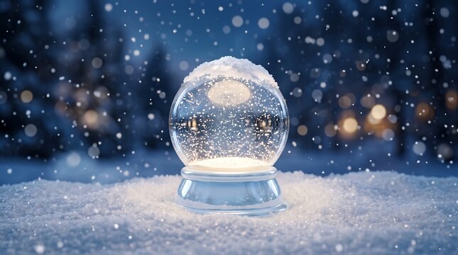 Snow globe on snowy surface with blurred winter background and twinkling lights