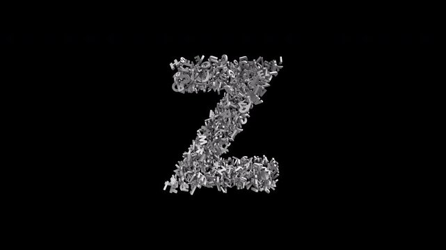 Letter Z Formed by Many Small Letters Animation with Alpha Channel. Creative Letter Reveal Animation. Alphabet Animation. 3D Font Animation. Text Based Letter Design. Transparent Background