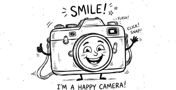 Retro hand-drawn camera character with smile text, vintage cartoon photography mascot, black and white doodle vector illustration