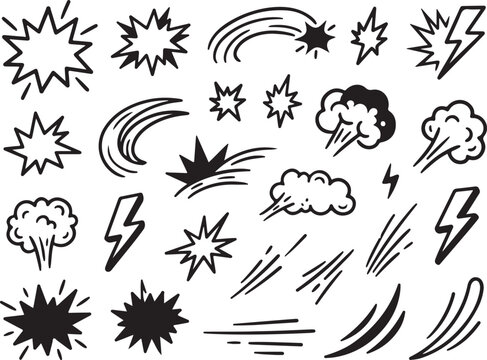 Comic book explosion effects set, hand drawn action bubbles and speed lines, black and white manga style vector elements