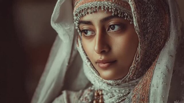 Woman wearing ornate silver headpiece and white bridal veil.
