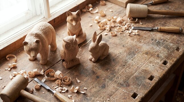 Wood Carving Workshop: Animals, Tools, and Sawdust on a Workbench