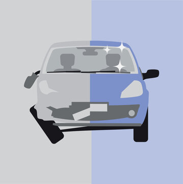 Car Before and After Repair Split Screen Flat Vector Illustration.

