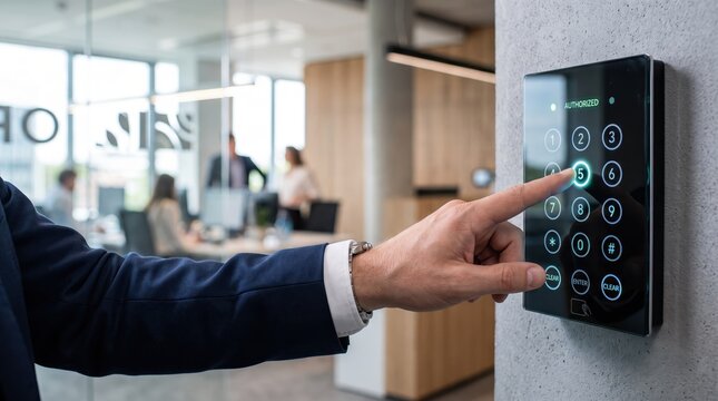 Business man entering security code on digital keypad, authorized access control system in modern office building, finger pressing button, corporate safety, password entry