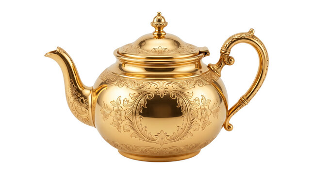Vintage gold teapot with ornate floral engravings, luxury antique brass tea kettle, elegant metallic kitchenware for high tea isolated PNG with Transparent Background