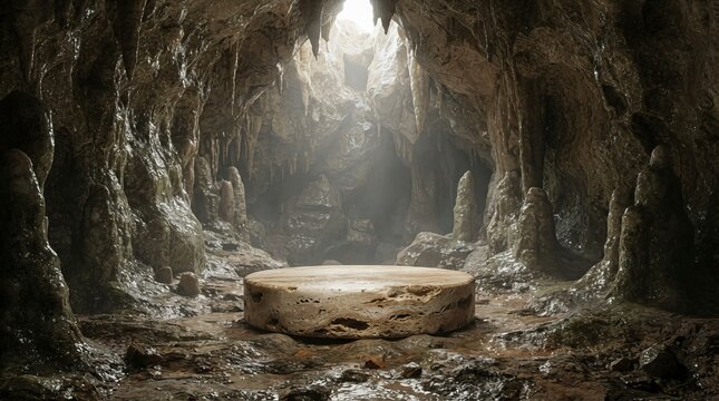 Natural Stone Podium in Deep Cavern Cave with Sunlight Rays and Stalactites for Product Presentation