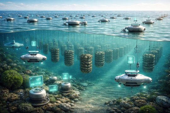 Underwater marine research facility with floating buoys, coral reef, and advanced technology for monitoring aquatic ecosystems in a clear ocean environment.