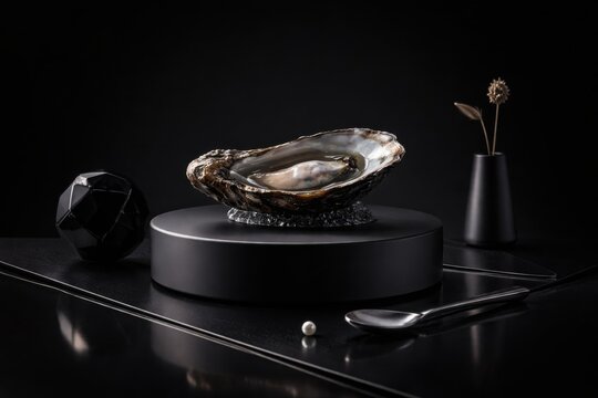 Open oyster shell displaying a lustrous pearl resting inside, set against a dark background highlighting the natural textures and colors of the shell.